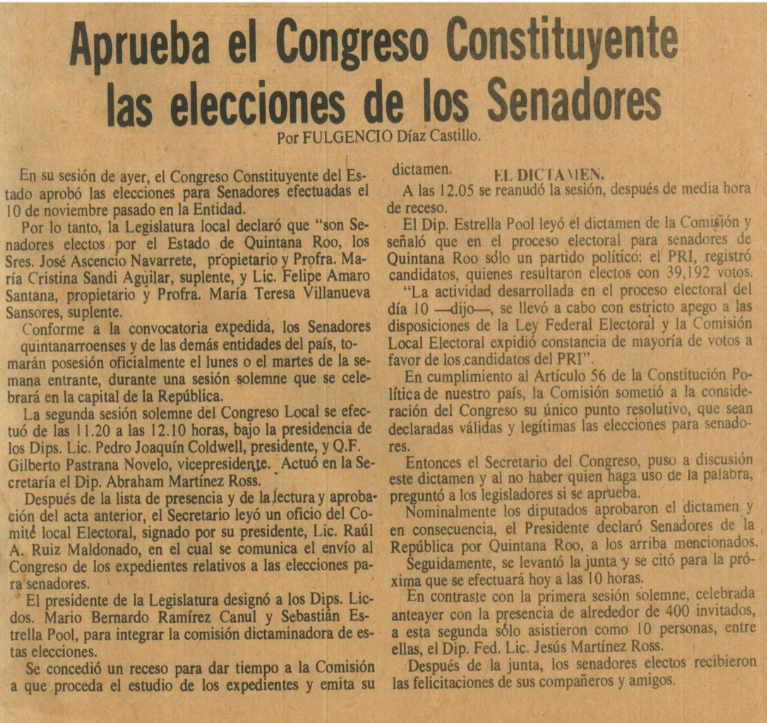 Reseña noticiosa sobre sesión de Legislatura Constituyente