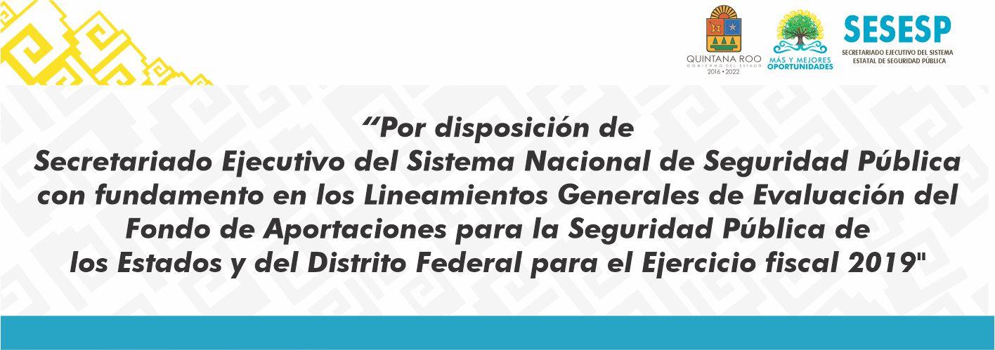 "Por disposición de Secretariado Ejecutivo del Sistema Nacional de Seguridad Público con fundamento en los Lineamientos Generales de Evaluación del Fondo de Aportaciones para la Seguridad Pública de los Estados y del Distrito Federal para el Ejercicio fiscal 2019"